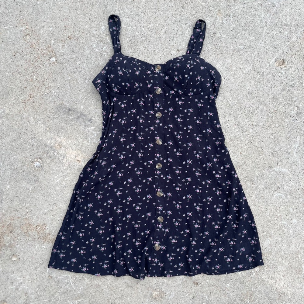 American Eagle Floral Button Front Mini Dress Black Pink Blue Smocked Medium